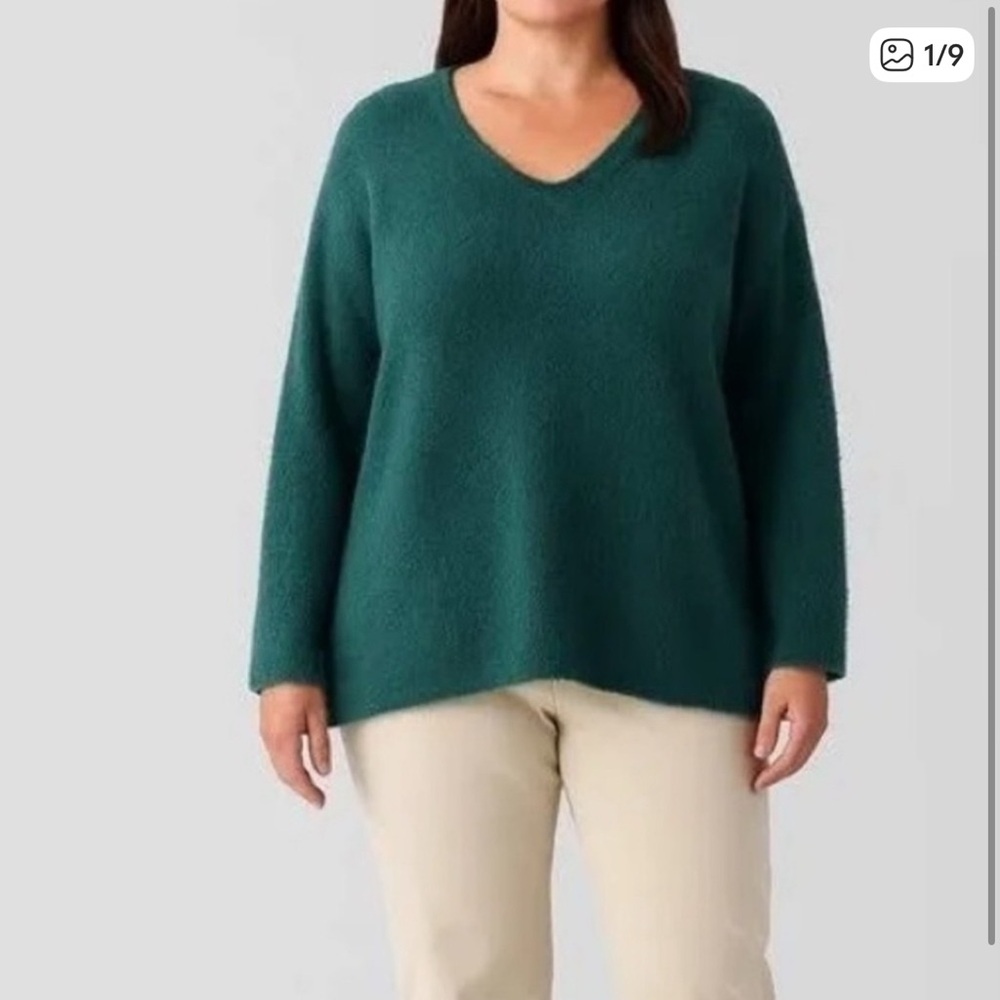 Eileen Fisher Woman Size L Organic Cotton Eyelash‎ V-neck Sweater Top Pine